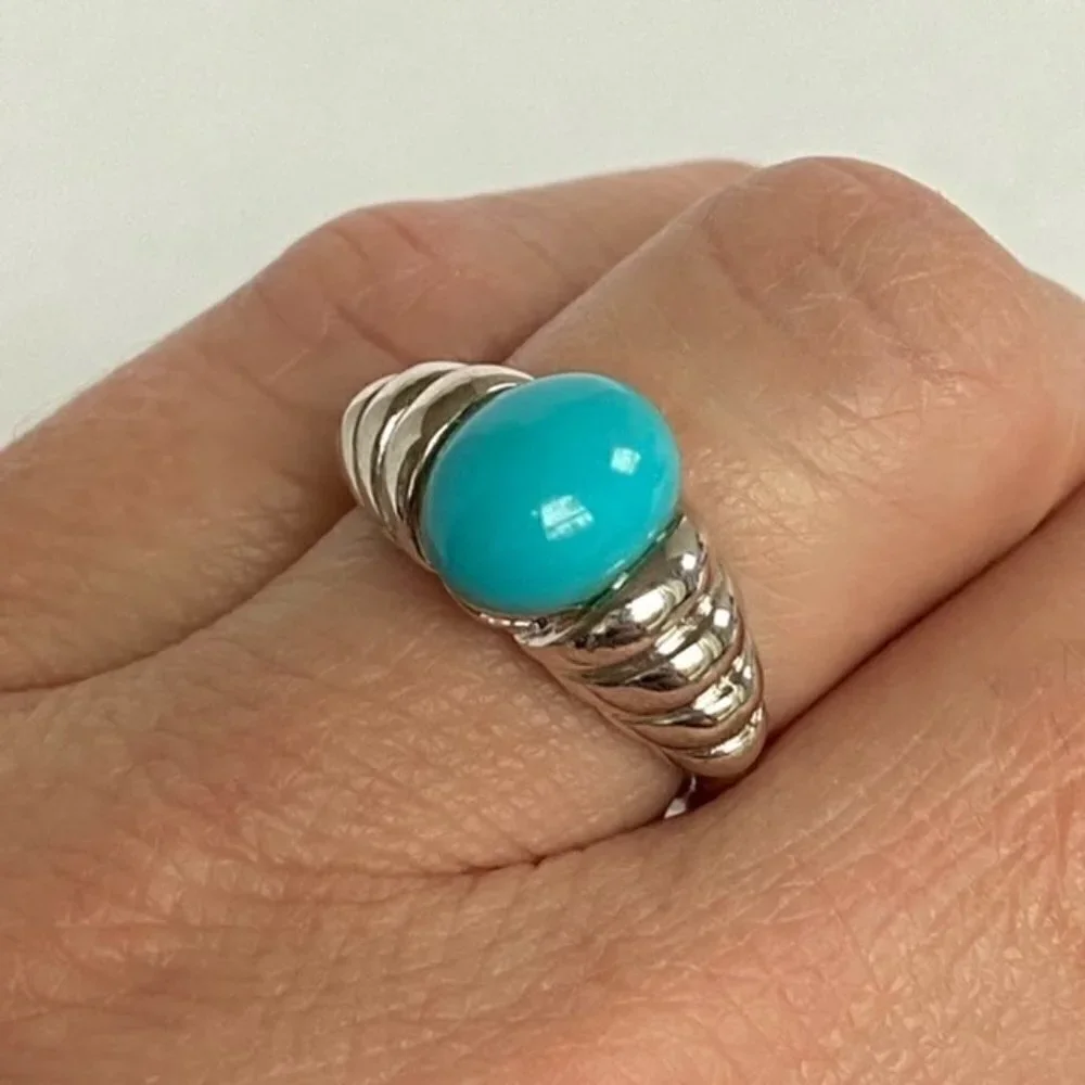 Sterling Silver 925 Modernist Oval Faux Turquoise Tapered Shank Ring Sz 5.25